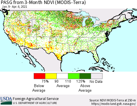 United States PASG from 3-Month NDVI (Terra-MODIS) Thematic Map For 4/1/2021 - 4/10/2021