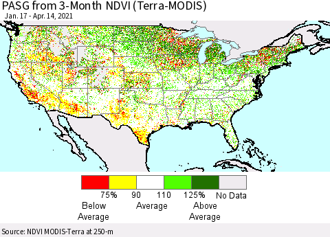 United States PASG from 3-Month NDVI (Terra-MODIS) Thematic Map For 4/7/2021 - 4/14/2021