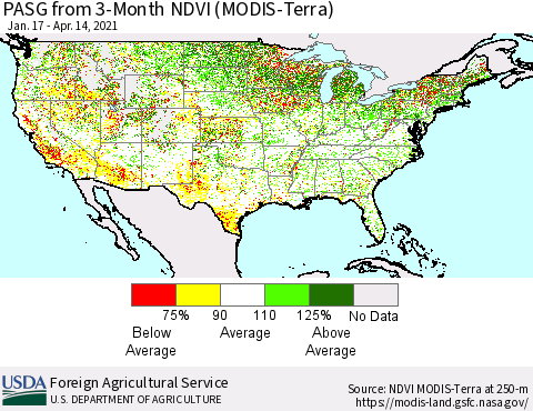 United States PASG from 3-Month NDVI (Terra-MODIS) Thematic Map For 4/11/2021 - 4/20/2021