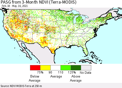 United States PASG from 3-Month NDVI (Terra-MODIS) Thematic Map For 5/9/2021 - 5/16/2021