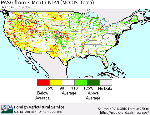 United States PASG from 3-Month NDVI (MODIS-Terra) Thematic Map For 6/1/2021 - 6/10/2021
