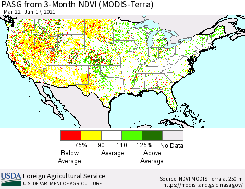 United States PASG from 3-Month NDVI (MODIS-Terra) Thematic Map For 6/11/2021 - 6/20/2021