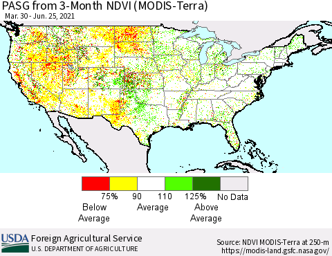 United States PASG from 3-Month NDVI (MODIS-Terra) Thematic Map For 6/21/2021 - 6/30/2021