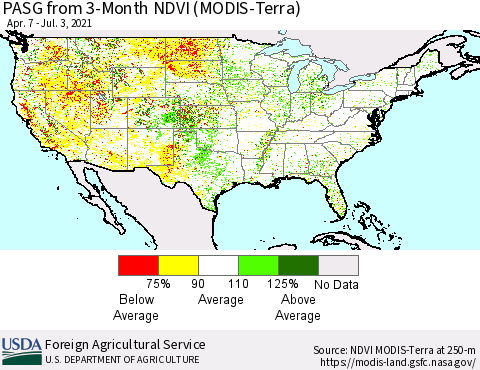 United States PASG from 3-Month NDVI (Terra-MODIS) Thematic Map For 7/1/2021 - 7/10/2021