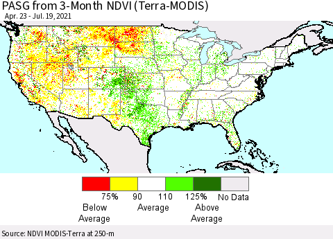United States PASG from 3-Month NDVI (Terra-MODIS) Thematic Map For 7/12/2021 - 7/19/2021