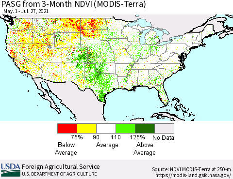 United States PASG from 3-Month NDVI (Terra-MODIS) Thematic Map For 7/21/2021 - 7/31/2021