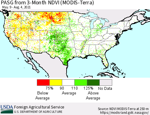 United States PASG from 3-Month NDVI (Terra-MODIS) Thematic Map For 8/1/2021 - 8/10/2021