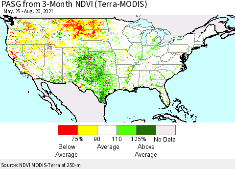 United States PASG from 3-Month NDVI (Terra-MODIS) Thematic Map For 8/11/2021 - 8/20/2021