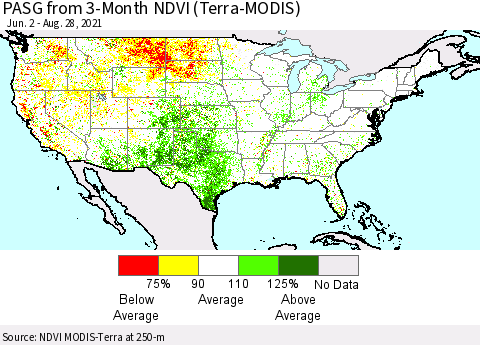 United States PASG from 3-Month NDVI (Terra-MODIS) Thematic Map For 8/21/2021 - 8/28/2021