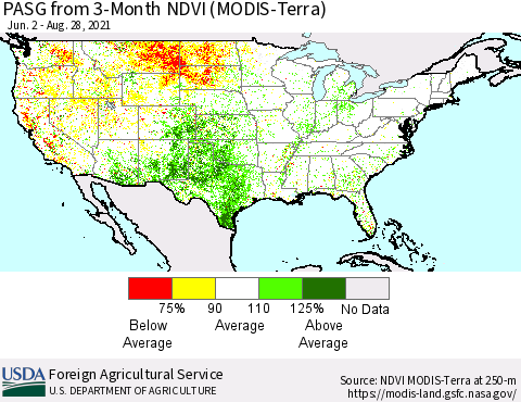 United States PASG from 3-Month NDVI (Terra-MODIS) Thematic Map For 8/21/2021 - 8/31/2021