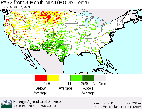 United States PASG from 3-Month NDVI (Terra-MODIS) Thematic Map For 9/1/2021 - 9/10/2021