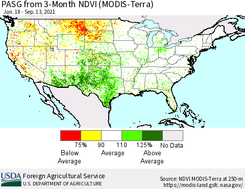 United States PASG from 3-Month NDVI (Terra-MODIS) Thematic Map For 9/11/2021 - 9/20/2021