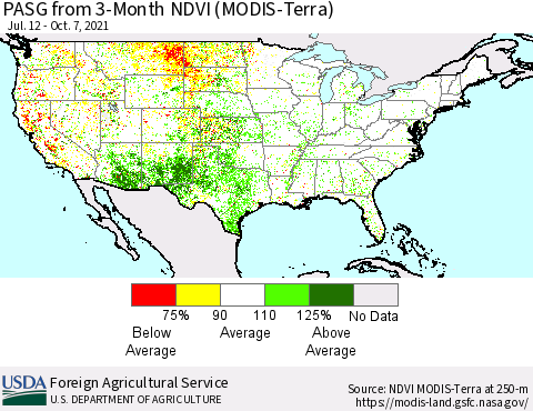 United States PASG from 3-Month NDVI (Terra-MODIS) Thematic Map For 10/1/2021 - 10/10/2021