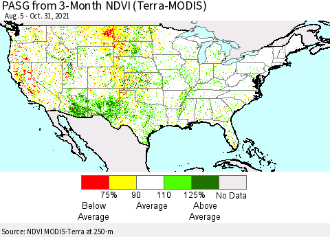 United States PASG from 3-Month NDVI (Terra-MODIS) Thematic Map For 10/21/2021 - 10/31/2021
