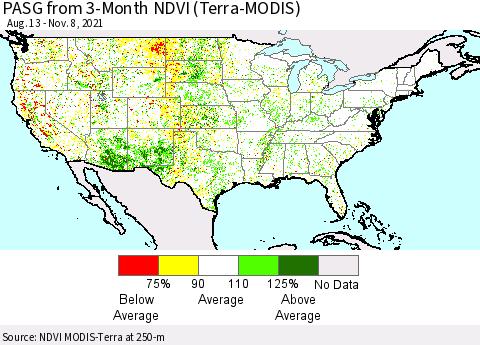 United States PASG from 3-Month NDVI (Terra-MODIS) Thematic Map For 11/1/2021 - 11/8/2021