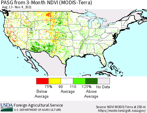 United States PASG from 3-Month NDVI (Terra-MODIS) Thematic Map For 11/1/2021 - 11/10/2021