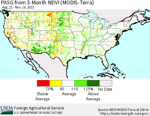 United States PASG from 3-Month NDVI (Terra-MODIS) Thematic Map For 11/11/2021 - 11/20/2021
