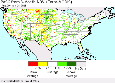 United States PASG from 3-Month NDVI (Terra-MODIS) Thematic Map For 11/17/2021 - 11/24/2021