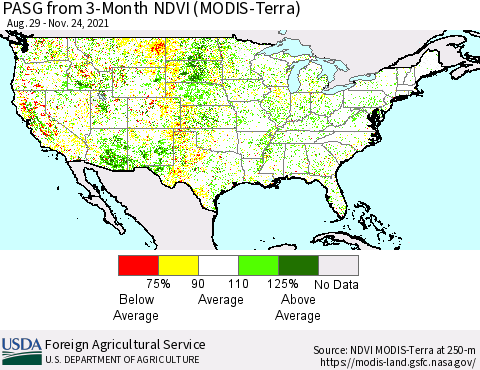 United States PASG from 3-Month NDVI (Terra-MODIS) Thematic Map For 11/21/2021 - 11/30/2021
