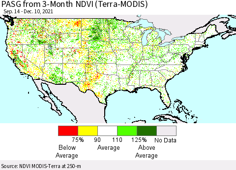 United States PASG from 3-Month NDVI (Terra-MODIS) Thematic Map For 12/1/2021 - 12/10/2021