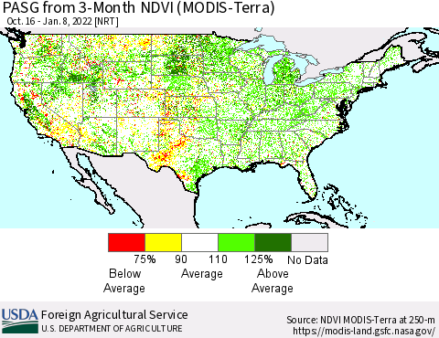 United States PASG from 3-Month NDVI (Terra-MODIS) Thematic Map For 1/1/2022 - 1/10/2022