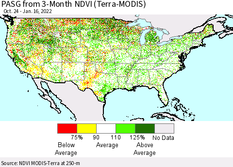 United States PASG from 3-Month NDVI (Terra-MODIS) Thematic Map For 1/9/2022 - 1/16/2022