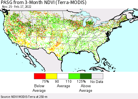 United States PASG from 3-Month NDVI (Terra-MODIS) Thematic Map For 2/10/2022 - 2/17/2022