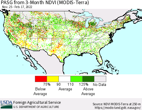 United States PASG from 3-Month NDVI (Terra-MODIS) Thematic Map For 2/11/2022 - 2/20/2022