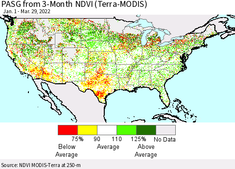 United States PASG from 3-Month NDVI (Terra-MODIS) Thematic Map For 3/22/2022 - 3/29/2022