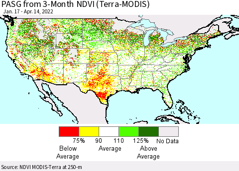United States PASG from 3-Month NDVI (Terra-MODIS) Thematic Map For 4/7/2022 - 4/14/2022