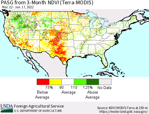 United States PASG from 3-Month NDVI (Terra-MODIS) Thematic Map For 6/11/2022 - 6/20/2022