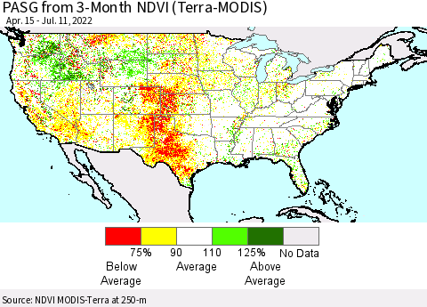 United States PASG from 3-Month NDVI (Terra-MODIS) Thematic Map For 7/4/2022 - 7/11/2022