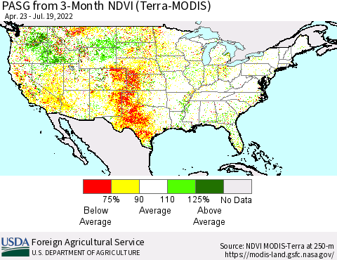 United States PASG from 3-Month NDVI (Terra-MODIS) Thematic Map For 7/11/2022 - 7/20/2022