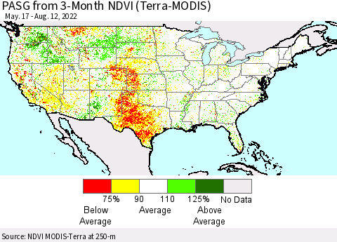 United States PASG from 3-Month NDVI (Terra-MODIS) Thematic Map For 8/5/2022 - 8/12/2022