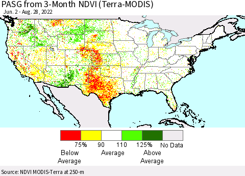 United States PASG from 3-Month NDVI (Terra-MODIS) Thematic Map For 8/21/2022 - 8/28/2022