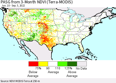 United States PASG from 3-Month NDVI (Terra-MODIS) Thematic Map For 8/29/2022 - 9/5/2022