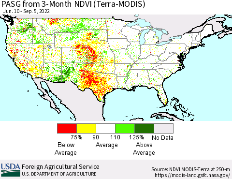 United States PASG from 3-Month NDVI (Terra-MODIS) Thematic Map For 9/1/2022 - 9/10/2022