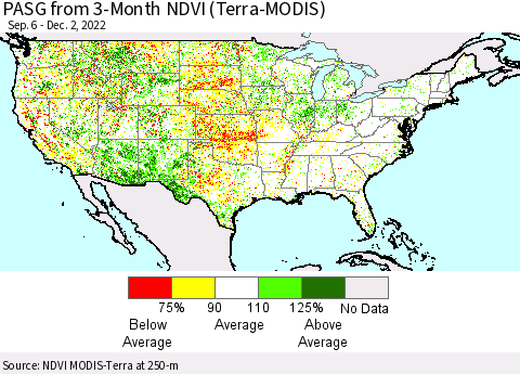 United States PASG from 3-Month NDVI (Terra-MODIS) Thematic Map For 11/25/2022 - 12/2/2022