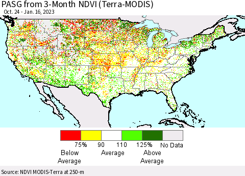 United States PASG from 3-Month NDVI (Terra-MODIS) Thematic Map For 1/9/2023 - 1/16/2023