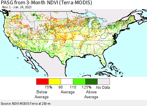 United States PASG from 3-Month NDVI (Terra-MODIS) Thematic Map For 1/17/2023 - 1/24/2023