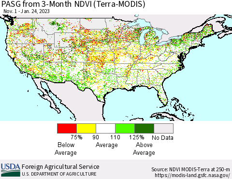 United States PASG from 3-Month NDVI (Terra-MODIS) Thematic Map For 1/21/2023 - 1/31/2023