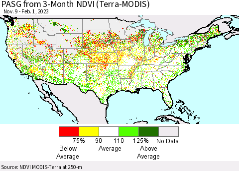United States PASG from 3-Month NDVI (Terra-MODIS) Thematic Map For 1/25/2023 - 2/1/2023