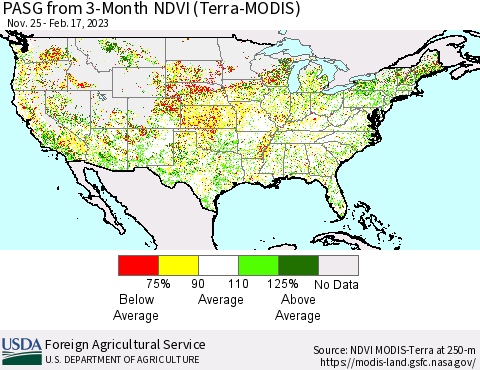 United States PASG from 3-Month NDVI (Terra-MODIS) Thematic Map For 2/11/2023 - 2/20/2023