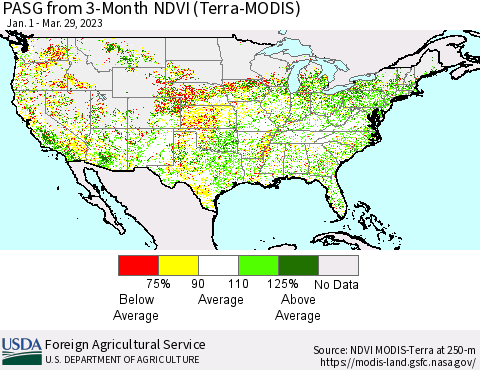United States PASG from 3-Month NDVI (Terra-MODIS) Thematic Map For 3/21/2023 - 3/31/2023