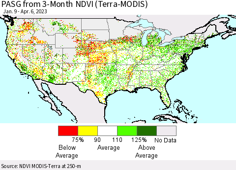 United States PASG from 3-Month NDVI (Terra-MODIS) Thematic Map For 3/30/2023 - 4/6/2023