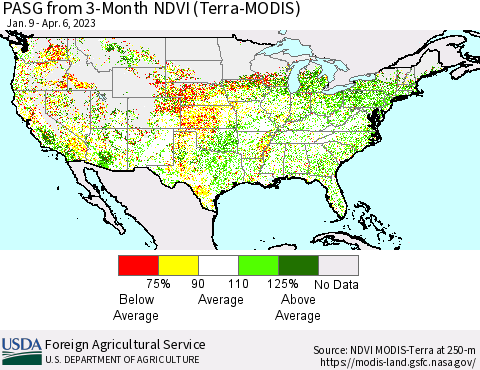 United States PASG from 3-Month NDVI (Terra-MODIS) Thematic Map For 4/1/2023 - 4/10/2023