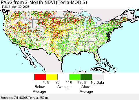 United States PASG from 3-Month NDVI (Terra-MODIS) Thematic Map For 4/23/2023 - 4/30/2023