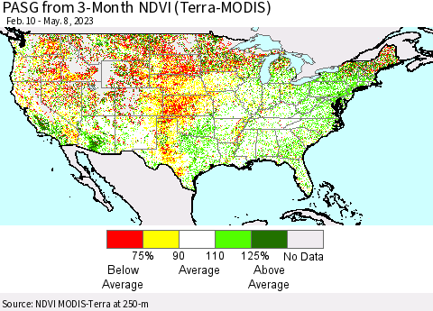 United States PASG from 3-Month NDVI (Terra-MODIS) Thematic Map For 5/1/2023 - 5/8/2023