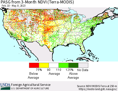 United States PASG from 3-Month NDVI (Terra-MODIS) Thematic Map For 5/1/2023 - 5/10/2023