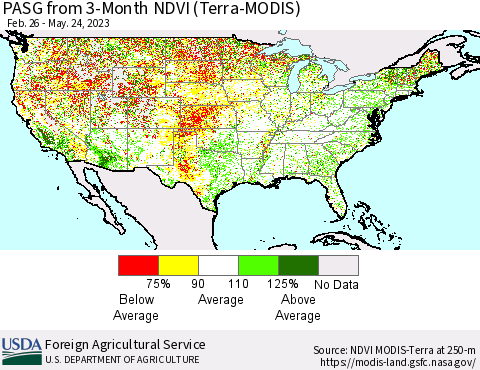 United States PASG from 3-Month NDVI (Terra-MODIS) Thematic Map For 5/21/2023 - 5/31/2023
